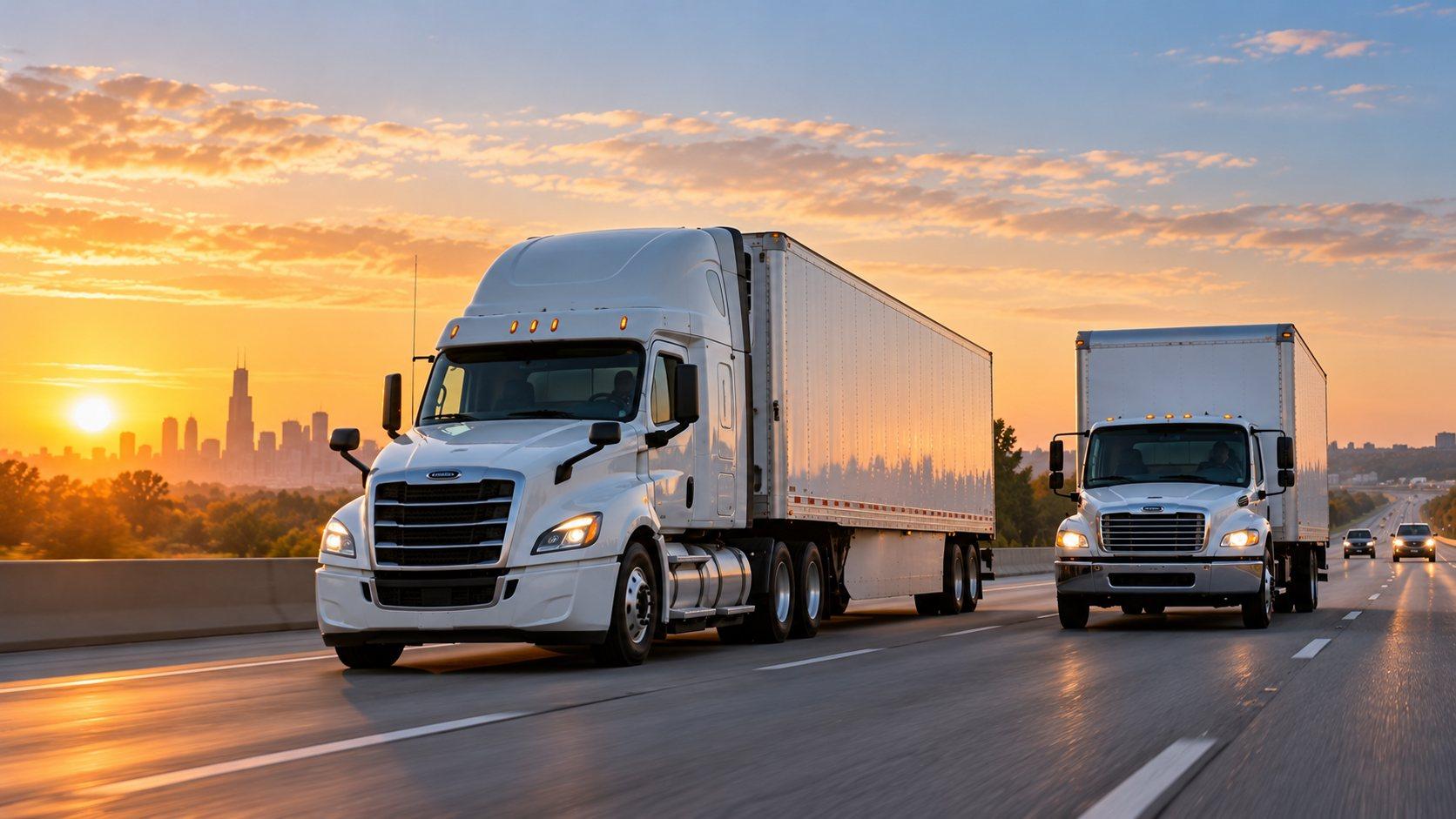White tractor-trailer and box truck on an interstate at sunrise
