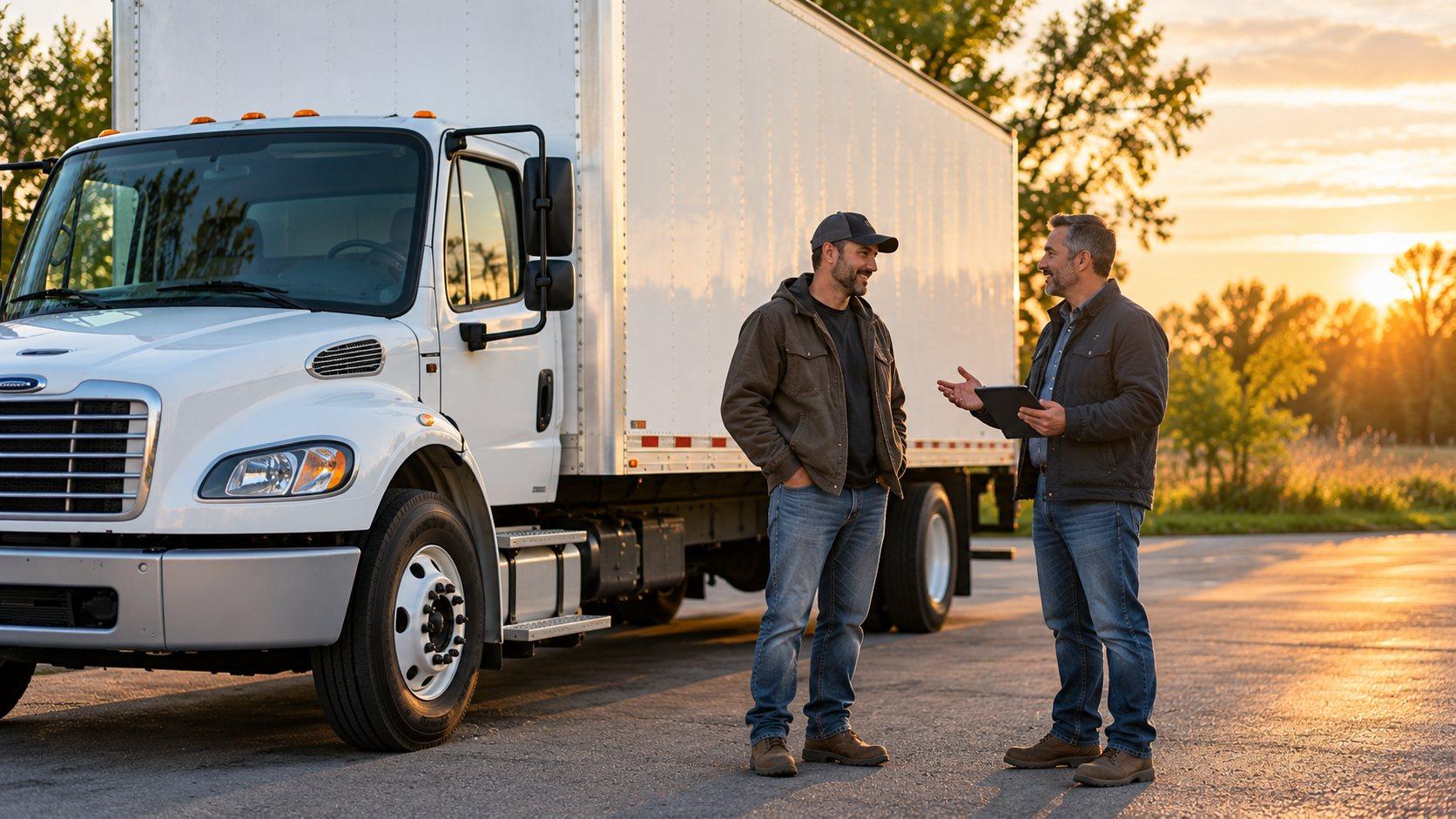 Professional driver talking with a trucking company owner beside a box truck at sunset