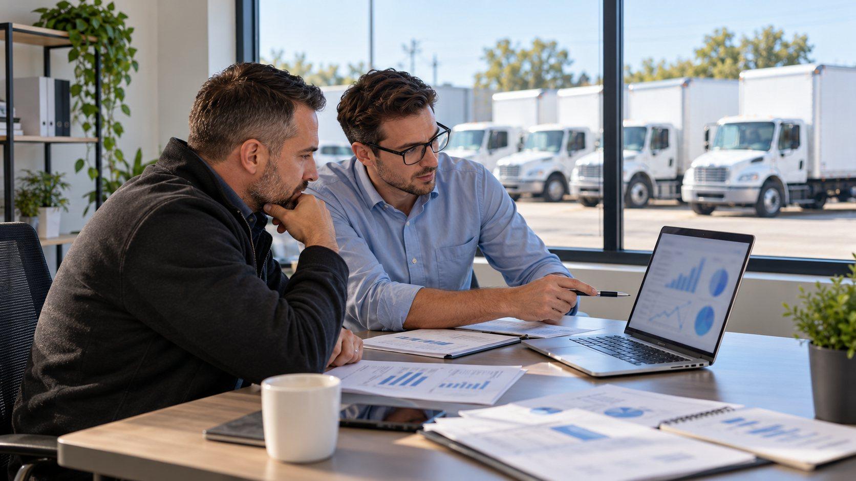 Carrier owner and business development consultant reviewing a sales plan together